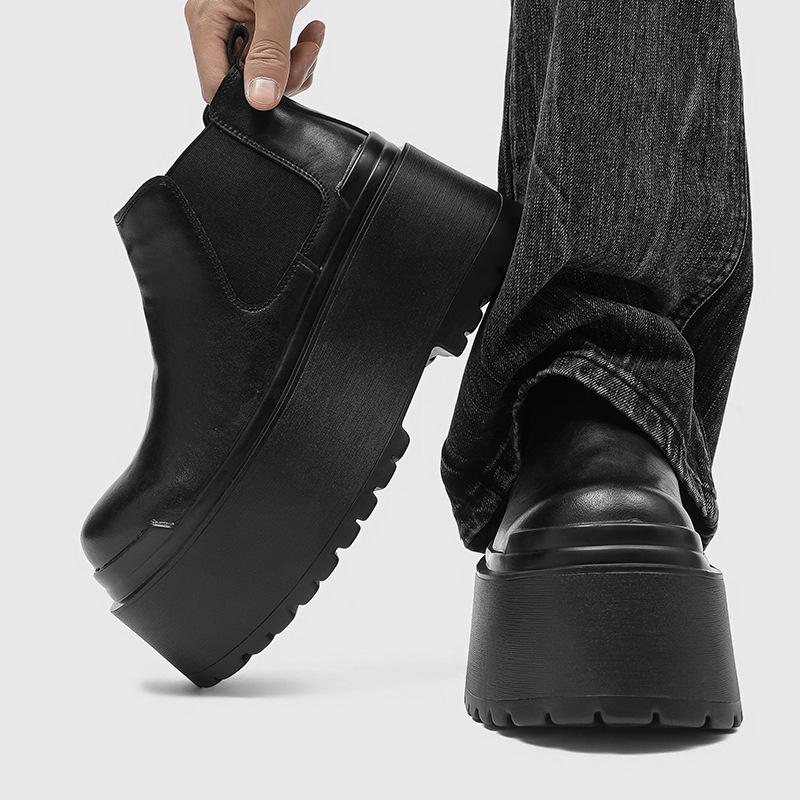 Herr mode punk hip hop hög platåstövlar slip-on naturläder skor cowboy chunky boot designer ankel chelsea botas man