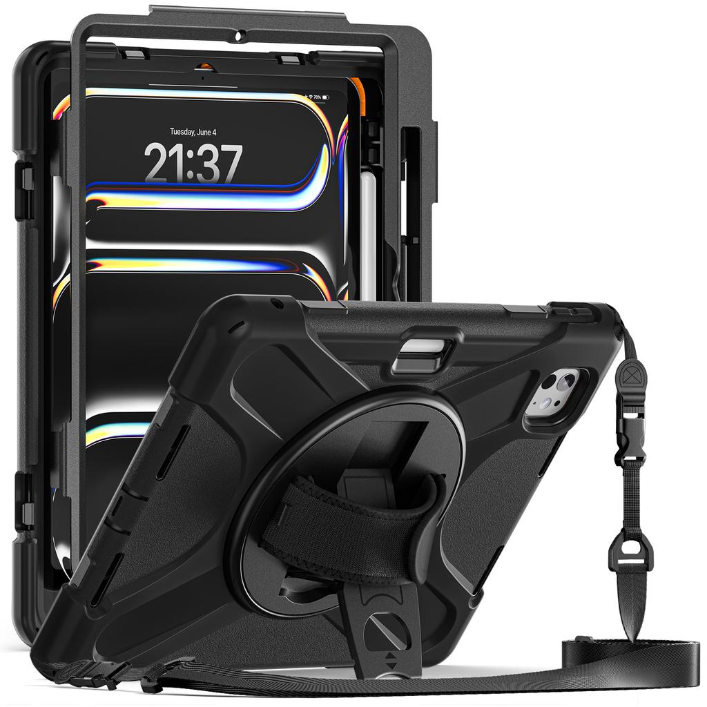 BILLTON Armored Shockproof Stand Case for iPad Pro 11 M4/M5 2024/2025 with Pencil Holder Shoulder Strap & Palm Band (27x22)