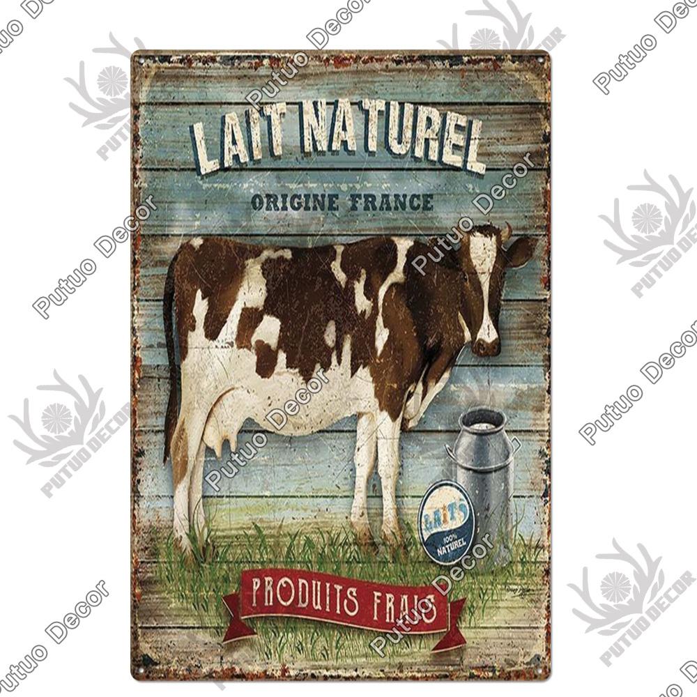 Putuo Decor Farm Tin Sign Milk Vintage Tin Sign Plaque Metal Plate Retro Poster for Farmhouse Cow Pig Wall Stickers Art Decor