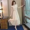 Women's 2025 Summer Chiffon Long Dress - Waist-Slimming French Style, Short-Sleeved