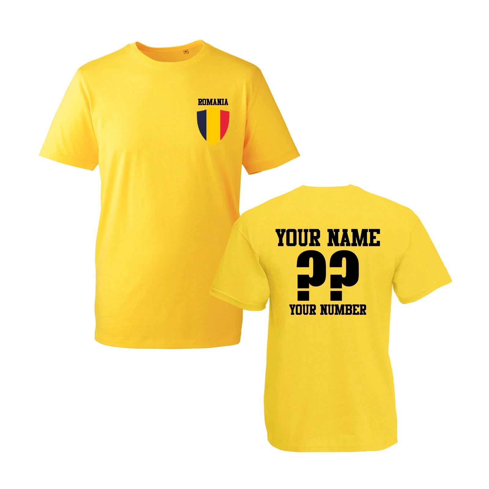 Personalise Romania Football T-Shirt, Soccer Fans Sports, Flag, Badge Unisex Top XL