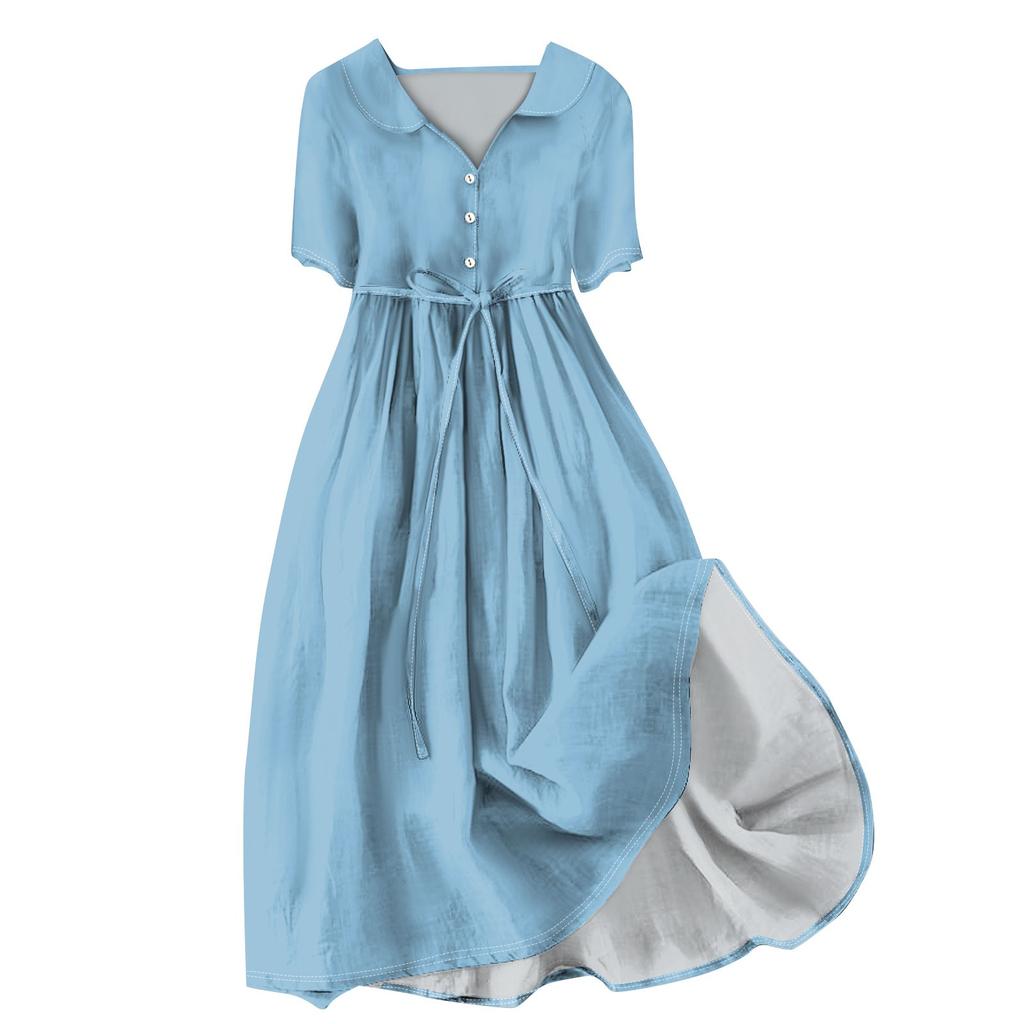 Damenmode Farbe Revers Kragen Knopf Kurzarm Kleidung Träger Kleid