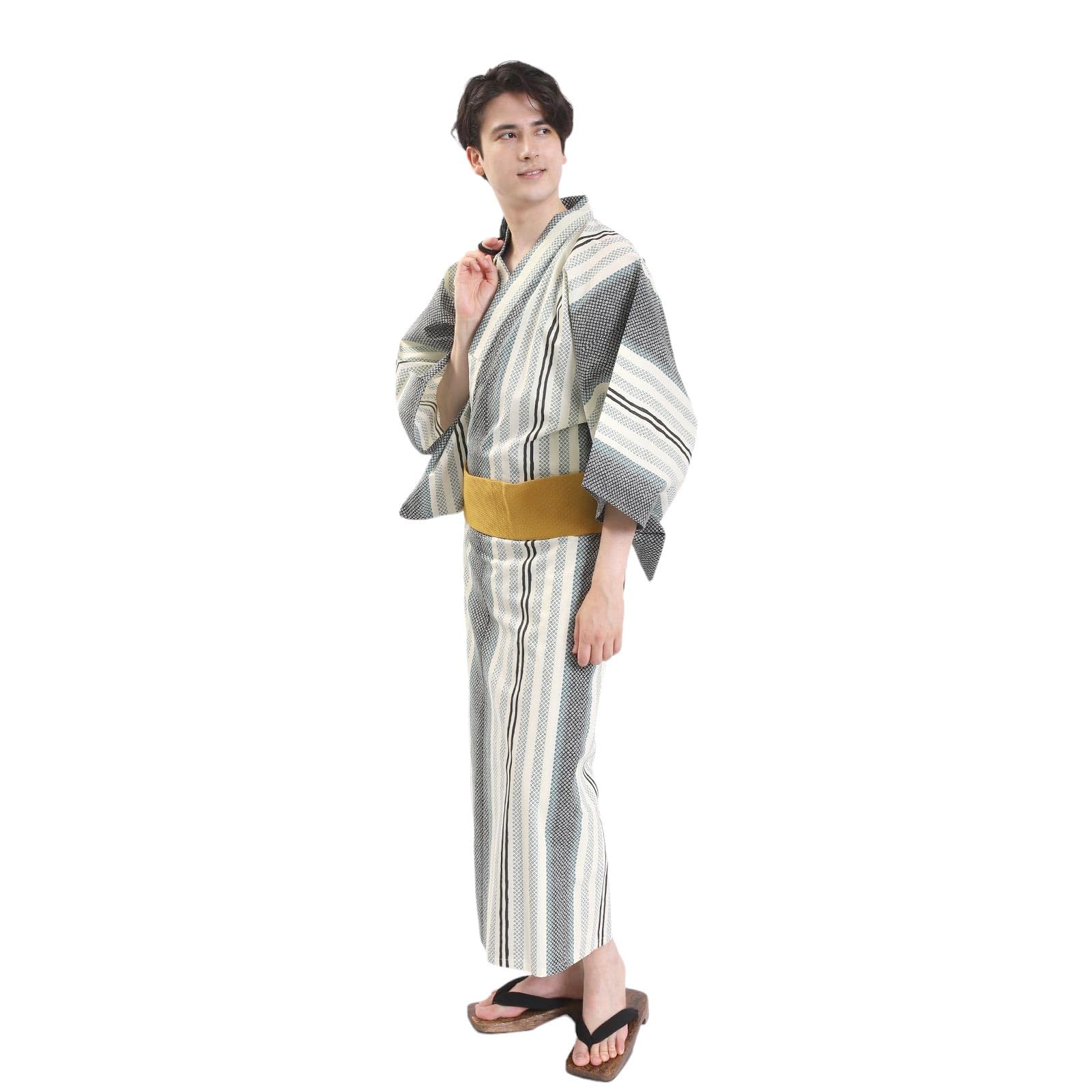 

Yukata 4 Waist M Pique Stripe Z3207BMB253 [Fuuka] Men s Set, Pieces, Obi, Strap, Geta, Men s, Size, Green, Cream, (Waist Strap/Antler Obi/Mustard)