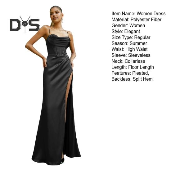 Kvinner Aftenkjole Spaghetti Stropp Lavt avskåret skulder Ryggløs Ermeløs Spaltekant Plissert Maxikjole Satin Bryllupsbankett Ballkjole