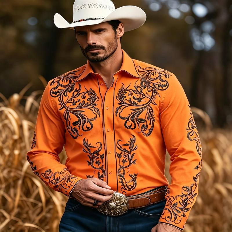 Retro Western Style Men's Long-Sleeved Baroque Floral and Vinyla Print Rural Ranch Versatile Casual Top