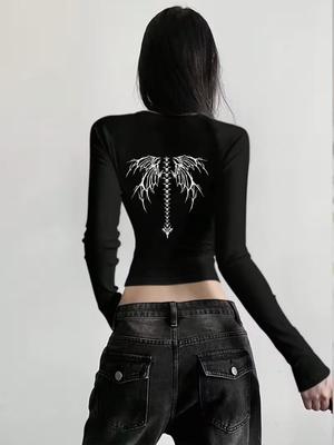 Women's Slimming Dark Wing Print Long Sleeve Cropped T-Shirt