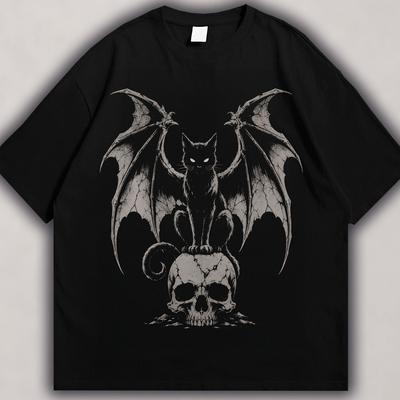 Gothic Dark Fantasy Graphic Tee: Winged Black Cat On Cracked Skull - Bone-White Design