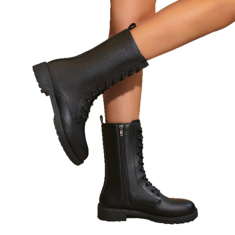 Damen Runde Zehenpartie Mittelhohe Reitstiefel, Seitenreißverschluss Britischer Stil Lederstiefel, Große Größen Herbst Winter Schuhe