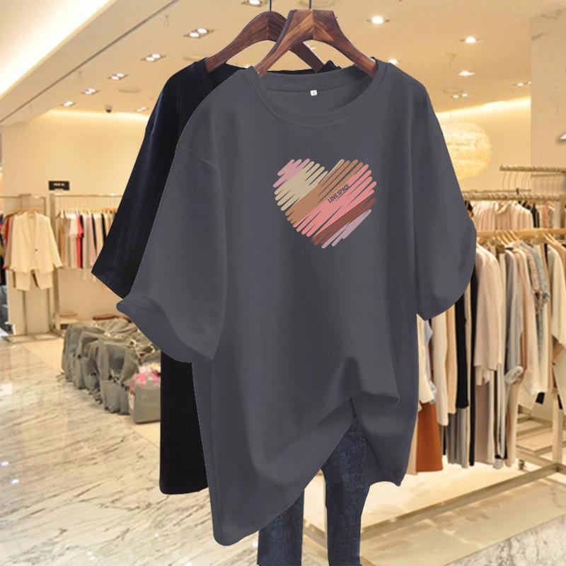 2026 Women's Korean Style Heart Print Slimming Loose Fit Mid-Length Short Sleeve Tee