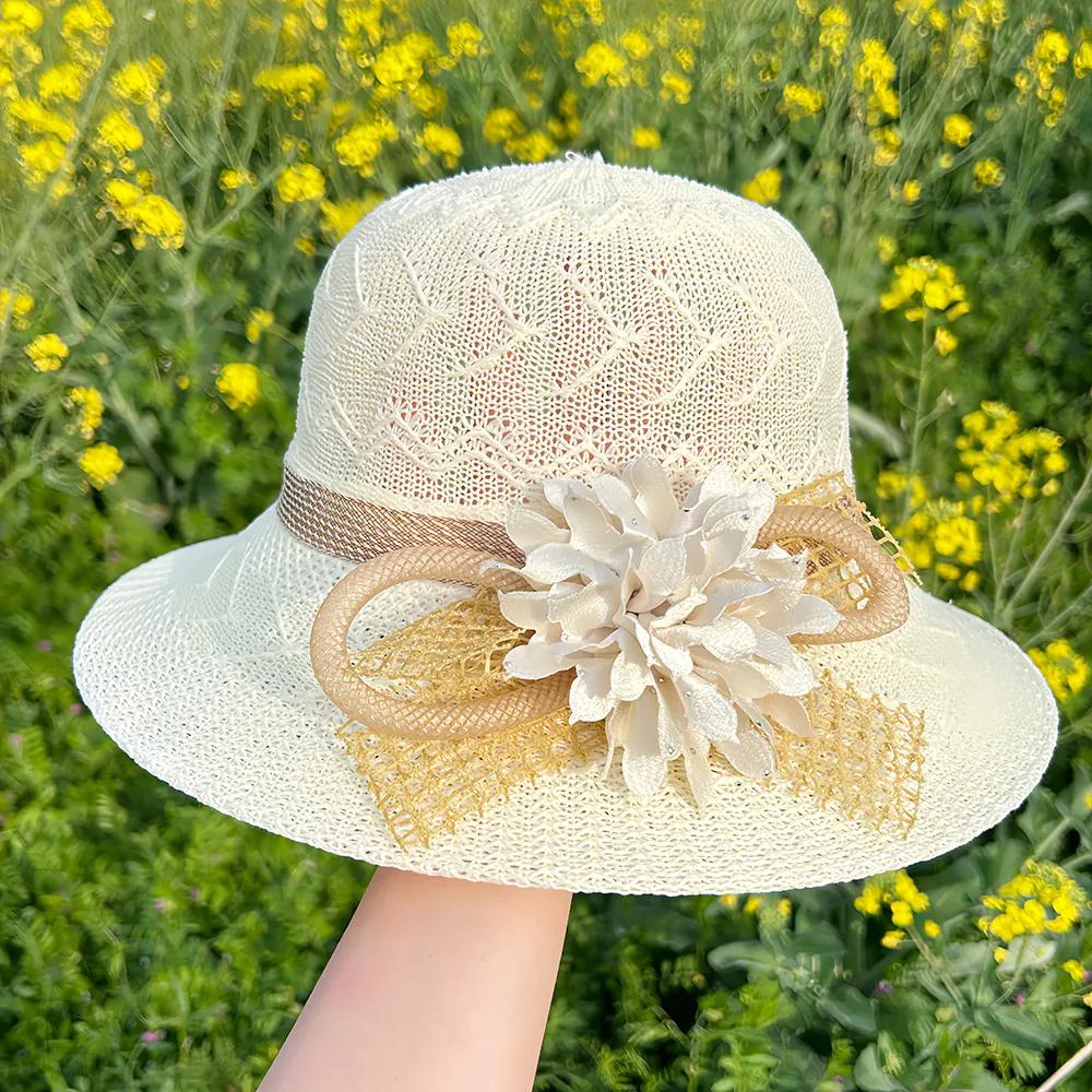 WTEMPO Bow Flower Solid Color Spring Summer Foldable Sunscreen Hats Wide Brim Travel Beach Breathable Sun Hats