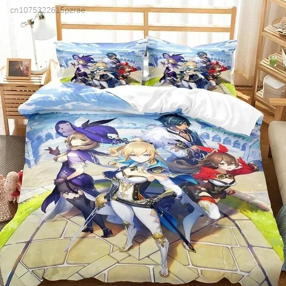 Genshin Impact Bettwäsche-Set Bettbezug Laken Bedrucktes Bettset Kissenbezug Bett Voll Queen King Size Bettdecke Schlafzimmer