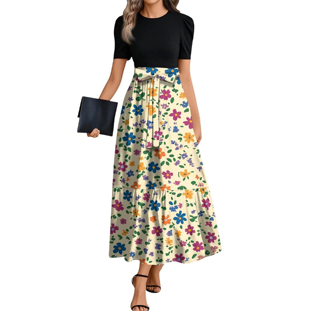 Ladies Fashion Casual Belt Short Sleeve Round Neck Floral Print Splicing Elegant Temperament Dress