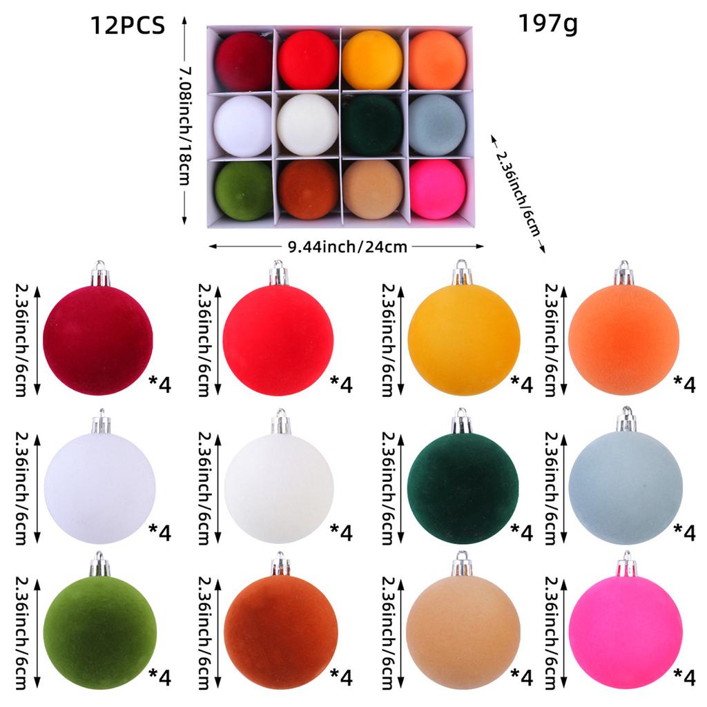 Set of 12 Velvet Touch Christmas Ornaments Lightweight 6CM Flocked Christmas Balls for Office and Home Ambiances