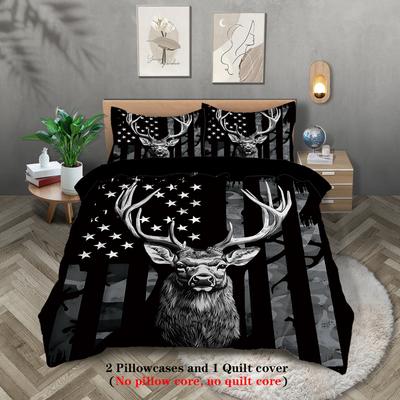 3pcs Elk and American Flag Printed Bedding set,For Bedroom,Hotel,for Teens and Adults (1*Duvet Cover + 2*Pillowcase, NO Core)