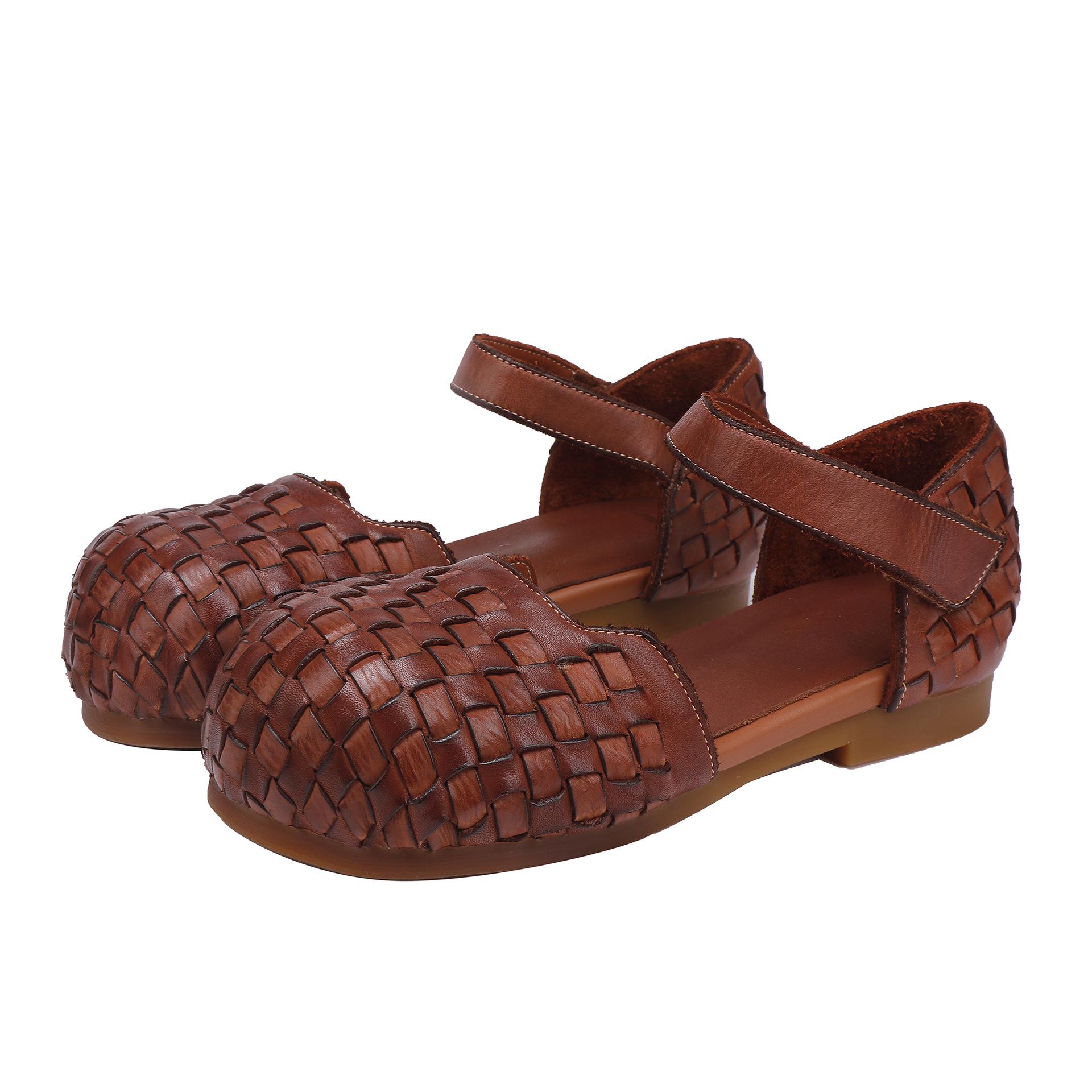 

Johnature Women s Sandals Retro Versatile Round Toe Genuine Leather Woven Comfortable Flat Shoes 40 темно-коричневого кольору
