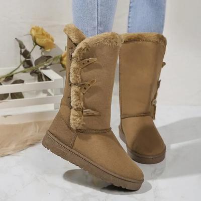 Kadın Kar Botları Kışlık Orta Boy Botlar Sıcak Pamuklu Ayakkabılar Moda Düz Renk Düğmeli Bayan Kahverengi Uzun Botlar Büyük Beden 41