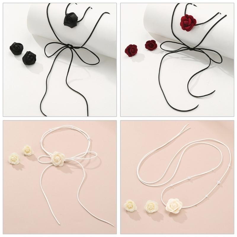 Stylish Camellia Jewelry Set Unique Flower Beaded Necklace and Earrings Floral Theme Neckchain Ear Studs Ornament