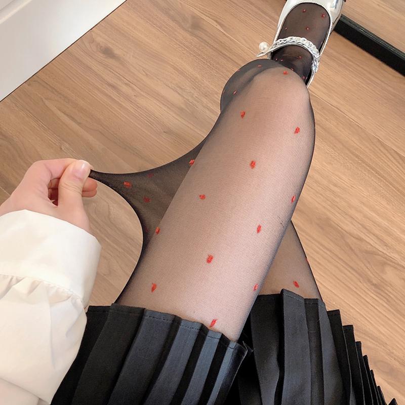 Sheer Kawaii Hosiery Ultra Thin Medias New Jk Lolita Girl Thigh High Pantyhose Red Heart Print Women Tights Nylon Body Stockings