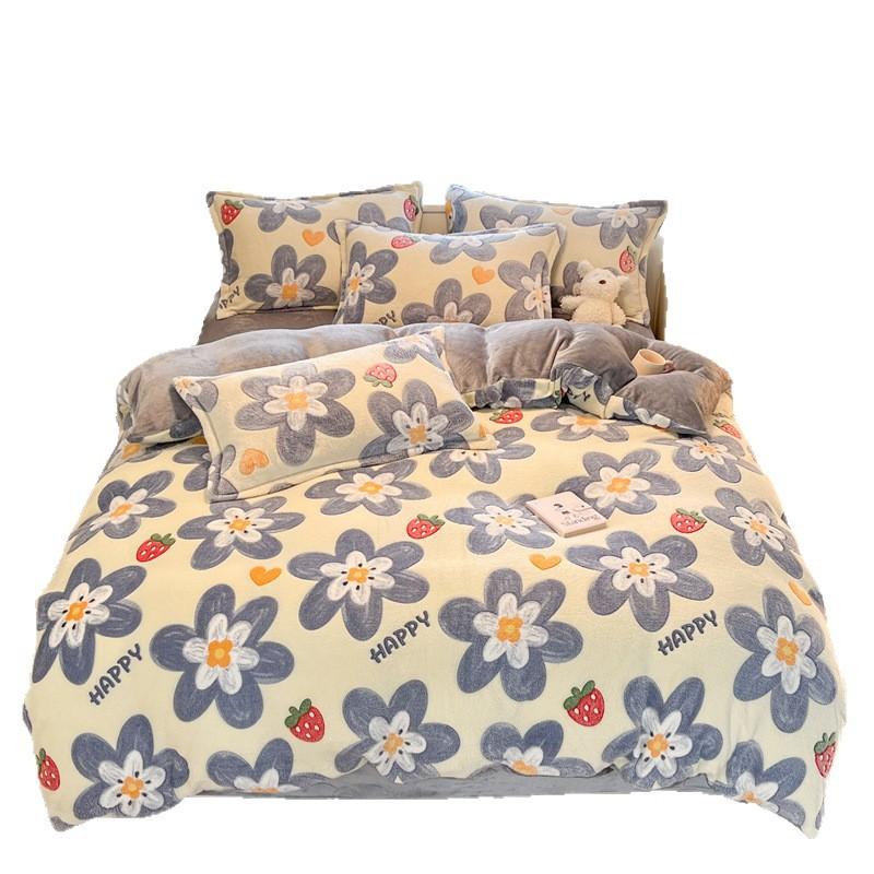 Snowflake Fleece Four-Piece Set, Thickened Milk Coral Fleece Quilt Cover, Double-Sided Fleece Quilt Cover, Bed Sheet, Bed Hat Three-Piece Set