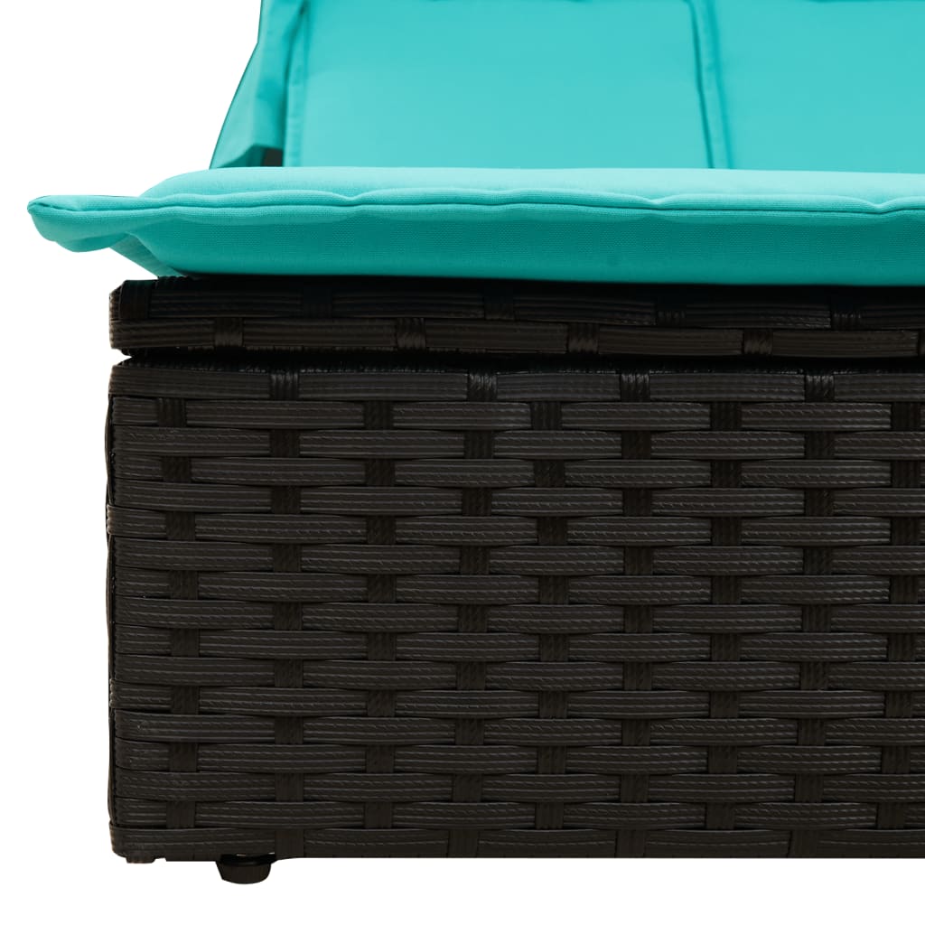 Double Sun Lounger with Canopy and Cushions Black Poly Rattan