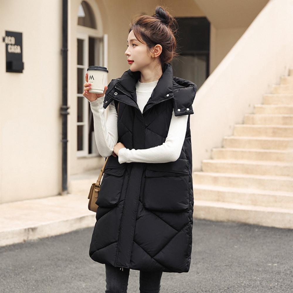 

Зимний новый средний и длинный жилет с большим карманом, утолщенный жилет с капюшоном, хлопковый жилет, женский тренд XXXL чёрный