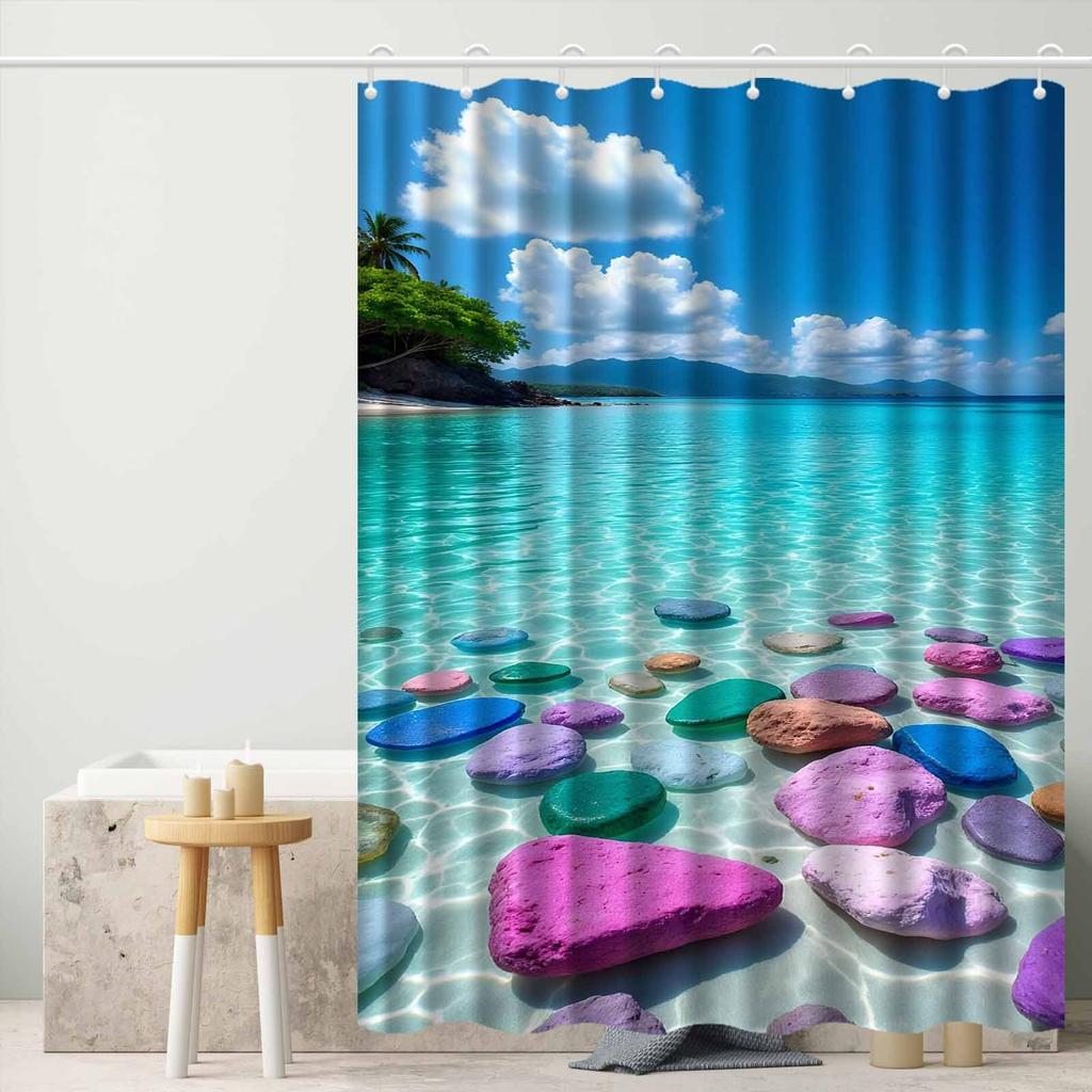 Beautiful Tropical Beach Shower Curtain Colorful Rocks In Clear Water Ocean View Nature Art Vacation Decor Waterproof Fabric
