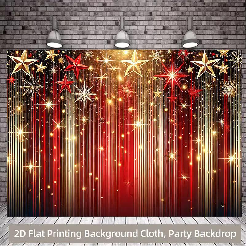 2D Flat Red Gold Streamer & Star Backdrop, Shiny New Year Party Photo Background Cloth