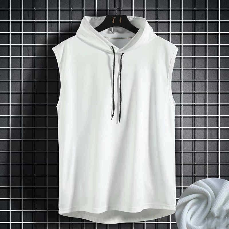 Spring and Summer Sleeveless Vest Top Men's Casual T-shirt Solid Color Hooded Sweater Lace-up T-shirt Hip-hop Men's Sweatshirt
