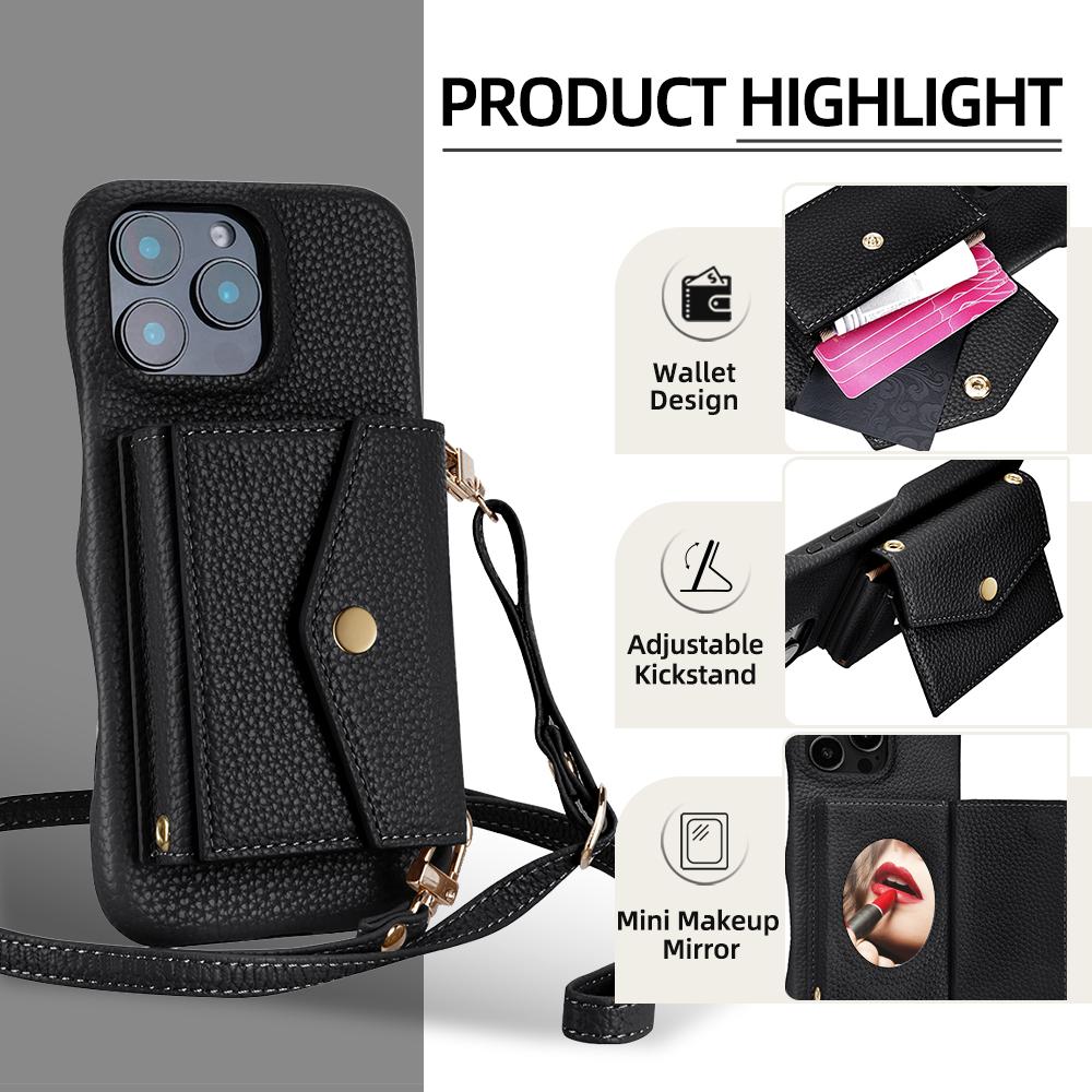 

For iPhone 16 Pro Max Case Mirror Design Card Slots Leather Back Cover with Shoulder Strap Brown