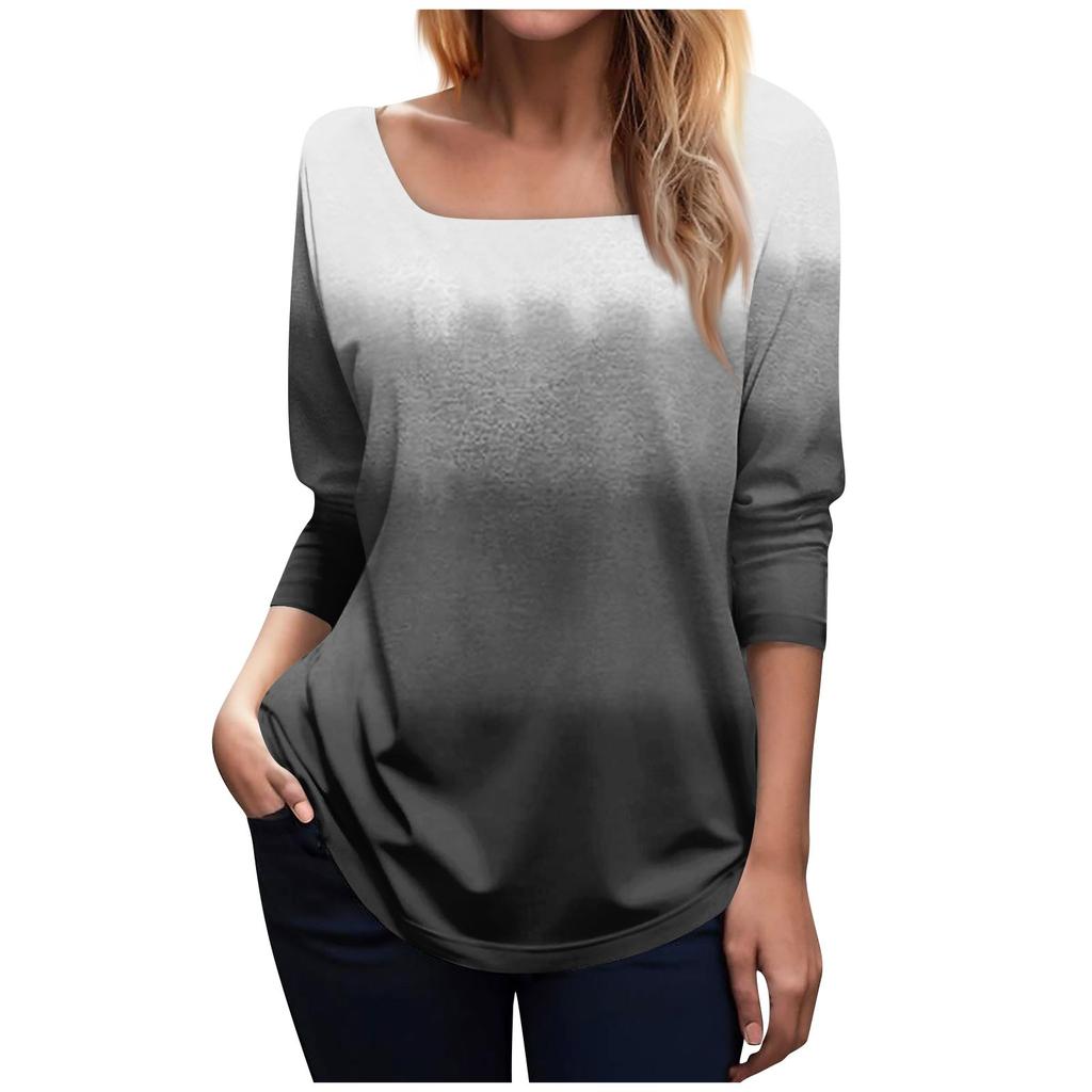 Women's Fashionable Waist Square Neck Long Sleeve Gradient Print T-Shirt Top
