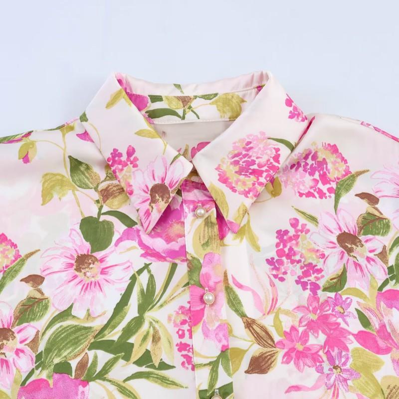 Womens Loose Fit Floral Print Long Sleeve Shirt With Turn-Down Collar Soft Satin Feel Casual Chic Top