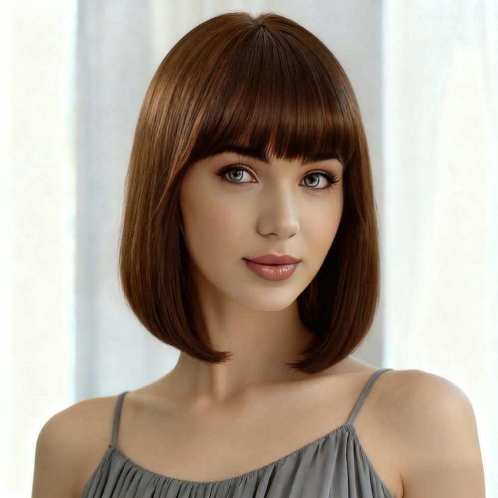 Synthetische kurze schwarzbraune blonde Perücken mit Pony für Damen, natürliche orange, pink, grau, gelbe Wellenhaare für tägliches Cosplay, Hochtemperaturfaser