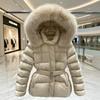 Big fur collar winter temperament chic Korean warm cotton clothes hooded removable lace-up retro jacket waist