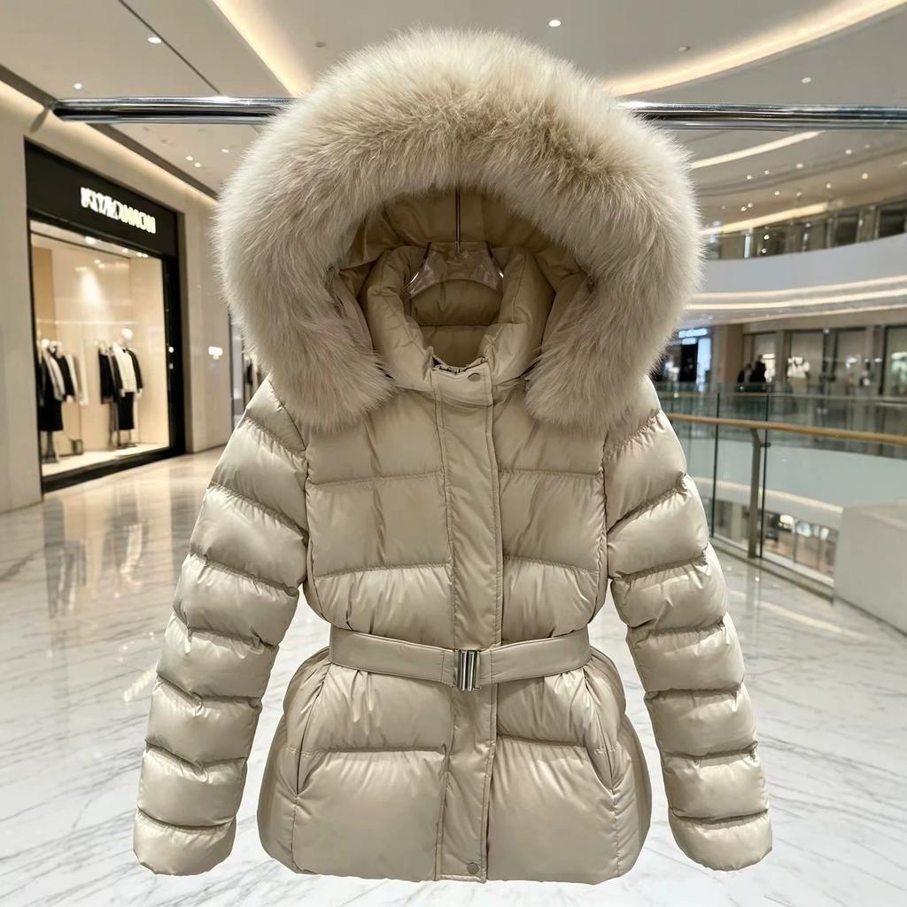 Big fur collar winter temperament chic Korean warm cotton clothes hooded removable lace-up retro jacket waist