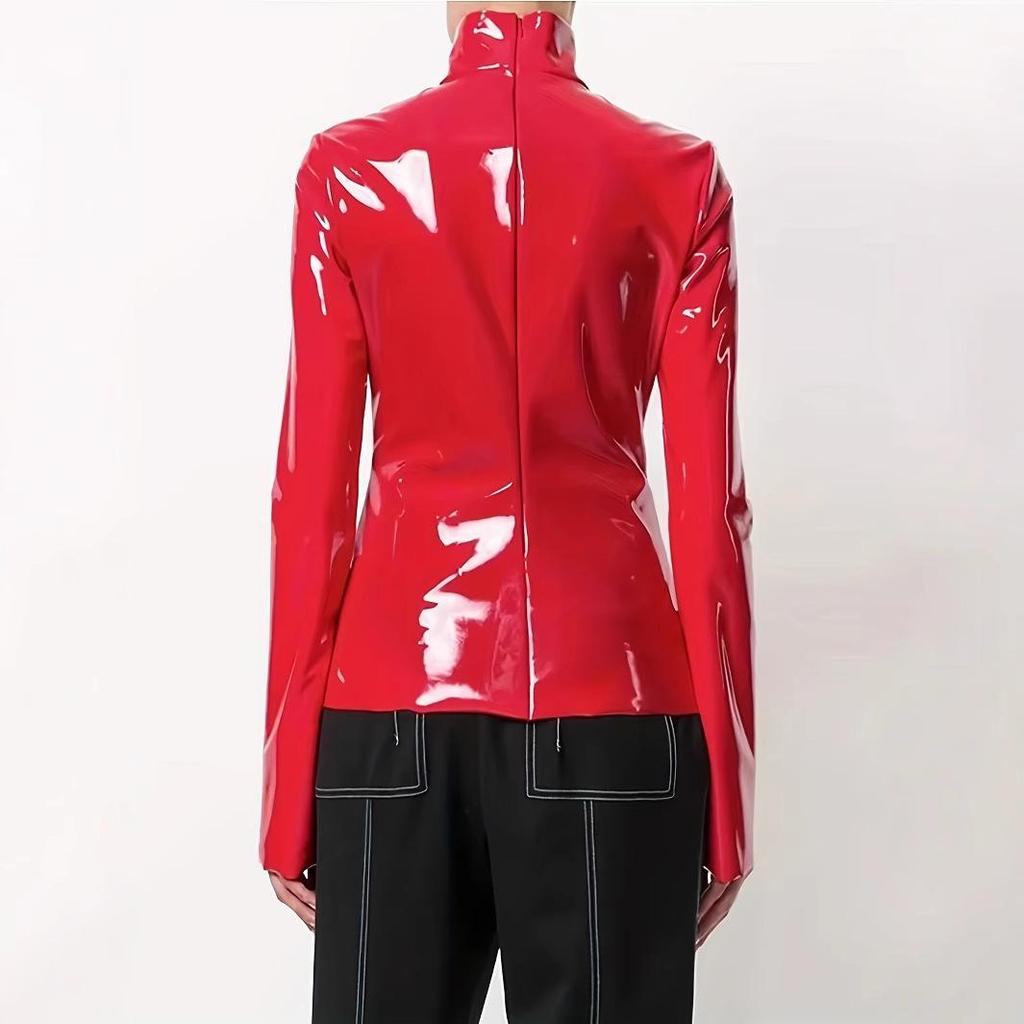 Women's European & American Mirror Leather Nightclub Zipper T-Shirt