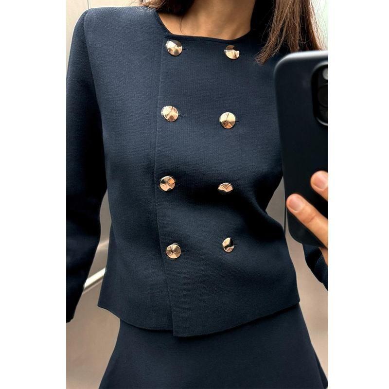 Autumn and Winter Simplicity Mini Skirt 4192134 Plain Stitch Double Breasted Silm Commuter Long Sleeve Crew Neck Coat 4192133