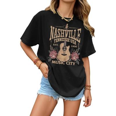 KIEKIECOO Übergroße Rockband T-Shirts für Damen Nashville Music City T-Shirt Vintage Gitarren Grafik-T-Shirts Country-Konzert Oberteile