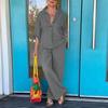 2Pcs/Set Classic 3/4 Sleeve Anti-pilling Casual Outfit Women Shirt Top Loose Long Pants Set Daily Garment