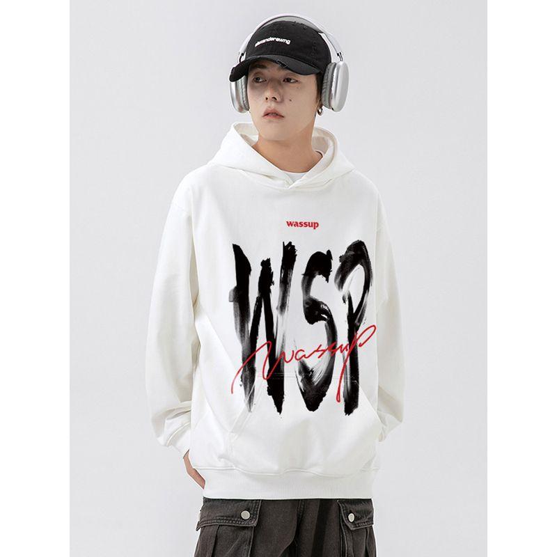 Wassup American-Style Inkjet Letter Sweatshirt for Men, Hooded, Autumn and Winter 2024 New Loose Casual Jacket Hoodie for Couples