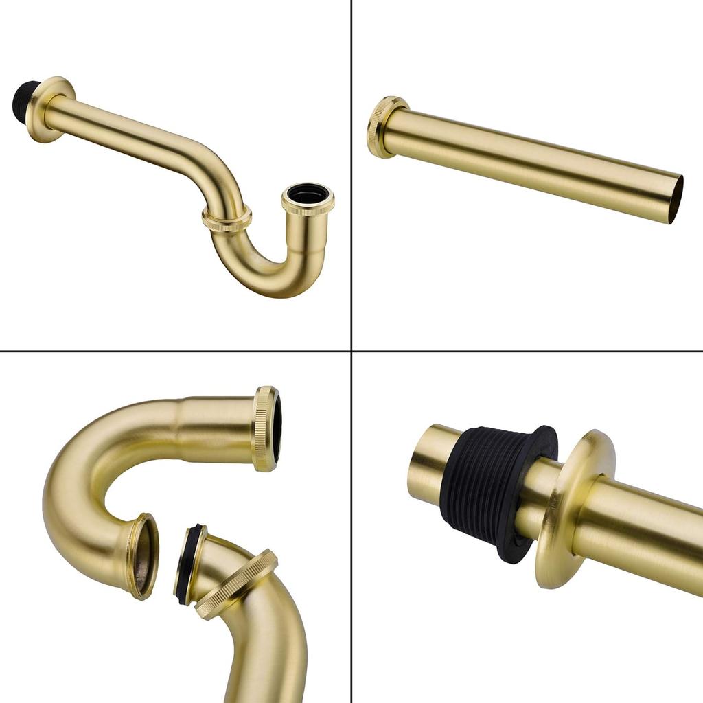Brass P Trap, 1 1/4 Bathroom Basin Sink Waste Trap Drain Kit with Flange and Slip Joint Extension Tube Drain Tailpiece, Adjustable Height, Brushed