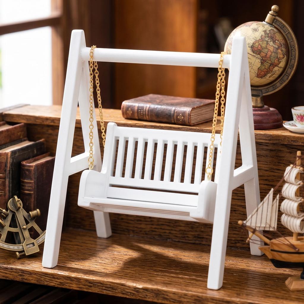 1:12 Scale Miniature Swing White Wooden Porch Swing Doll House Furniture Mini Garden Backyard Decor