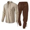 2Pcs Men's Medieval Knight Costume Set Renaissance Cosplay Pirate Shirts Ankle Banded Pants for Halloween Cotton Linen Fabric