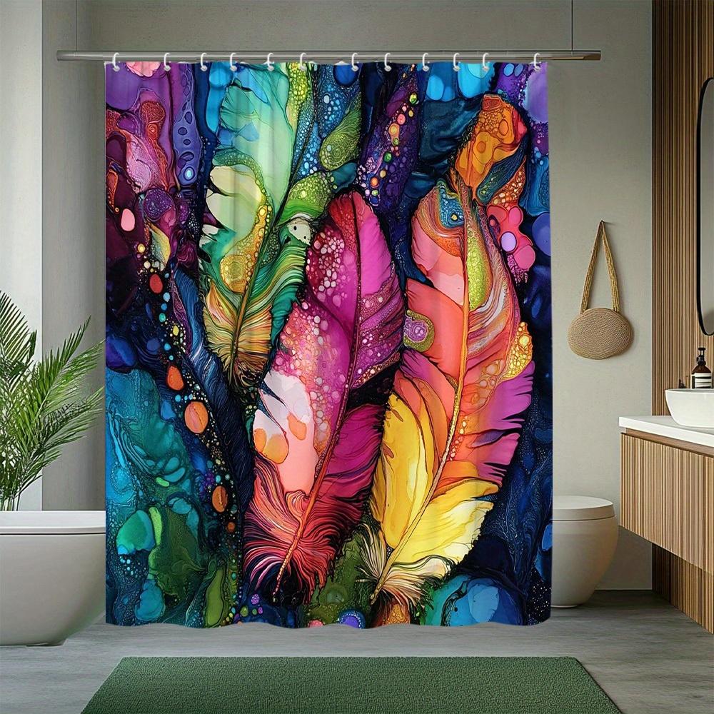 Vibrant Feather Art Print Waterproof Shower Curtain For Bathroom, Abstract Colorful Design High-End Toilet Partition Curtain