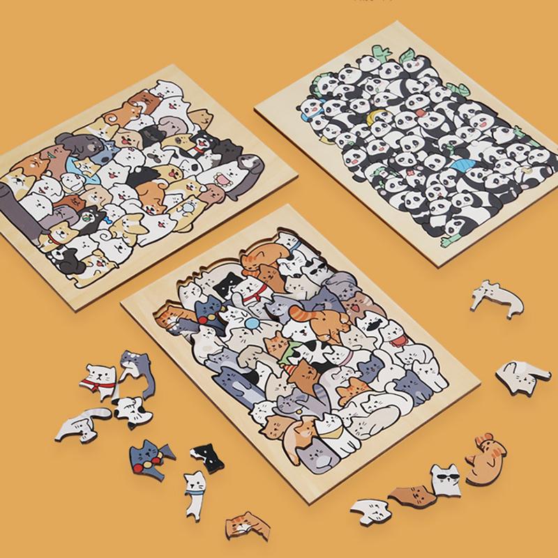 Kids Creative Animal Shape Puzzles Table Games Dog Cat Panda Stacked Puzzle Brain Games Montessori Thinking Education Wooden Toy