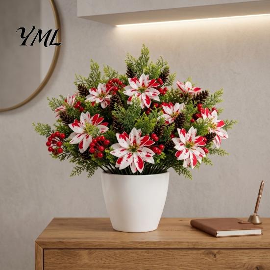 Home Interior Floral Accents 5 Heads Artificial Poinsettia Flowers, Christmas Fake Pine Berry Decoration, Flowers Fade-Resistant Red And White