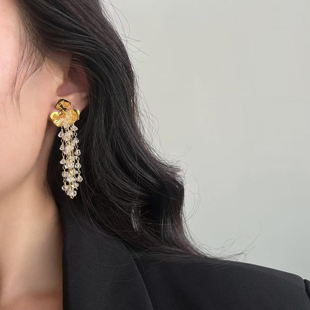 Cool And Elegant Crystal Beaded Fringed Earrings, Earrings, Flower Earrings, Light Luxury, Niche Temperament, Light Gorgeous And Romantic
