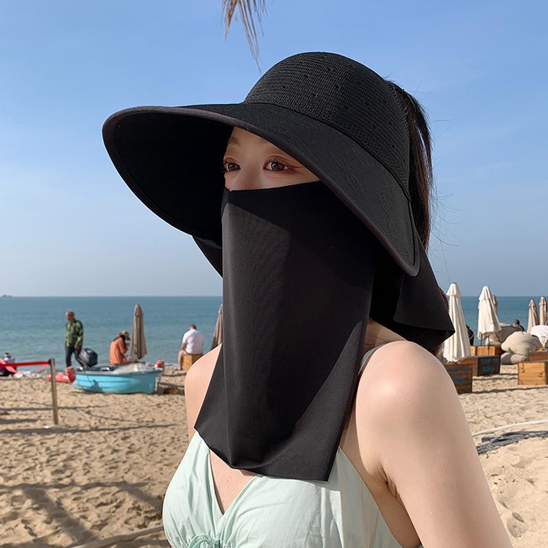 Summer Outdoor UV Protection Sun Hat Big Brim Shawl Sun Protection Empty Top Hat Removable Face Mask Bucket Hat