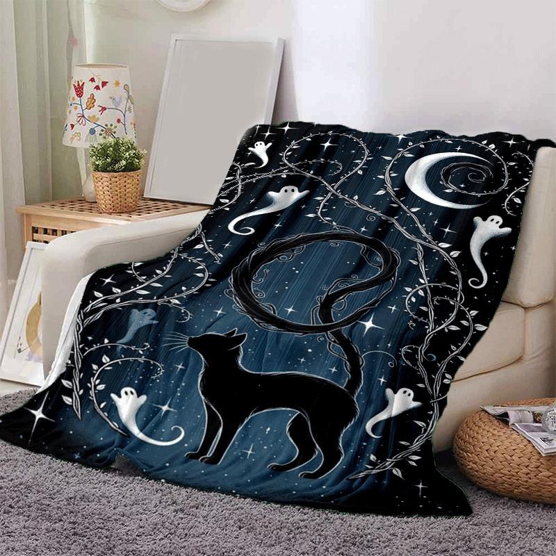 1pc Black Cat Printing Lightweight Flannel Blanket, Comfortable and Warm Blanket, for Camping Sofa Bed and Couch Office, in All Seasons
