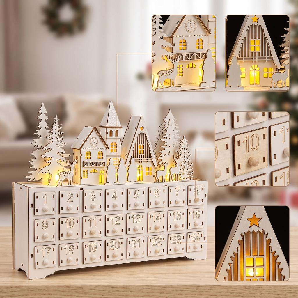 Fillable Wooden Christmas Advent Calendar with Drawers – Reusable Xmas Countdown Decor for Tabletop & Mantel