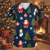 Women's V-Neck Short Sleeve Work Shirt with Christmas Print, Pockets and Side Slits